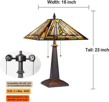 Tiffany Table Lamp 16" Wide Handmade Stained Glass Lamp Shade 2 Light Mission Style Vintage Table Lamp for Living Room Bedroom | Handcrafts Antique Nightstand Bedside Reading Lamp for Living Room Bedroom Office 2-Lights W16" X H23"8