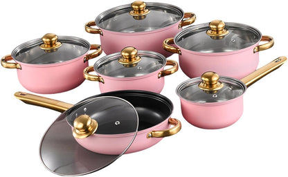6 Pieces Pots and Pans Nonstick Cookware Set Stainless Steel Milk Saucepan Frying Pan Kitchen Utensils Glass Lids Wear Resistant Comfortable Handles S, Pink6