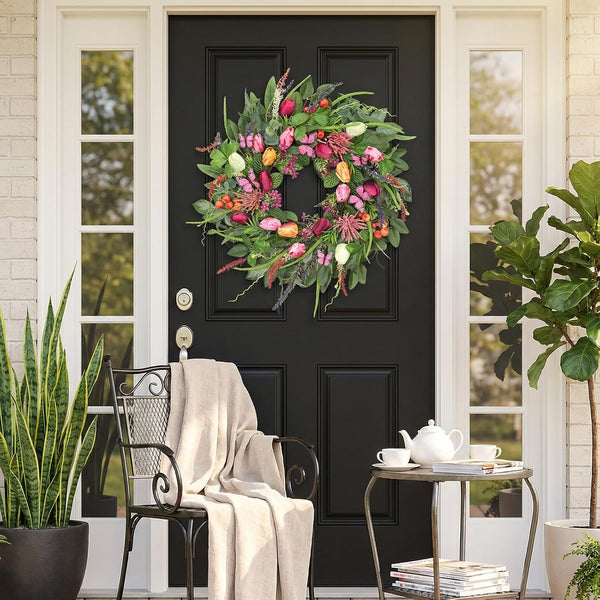 Wreaths for Front Door 24 Inch Artificial Spring Wreath with Tulip,Roses,Eucalyptus Leaf, Berry, Butterflies,Summer Wreath for Home Wall Porch Window Easter Year-Round Indoor/Outdoor Decor2