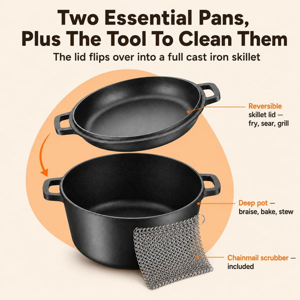 Cast Iron Dutch Oven Pot (4.8L) with Lid (1.2L) & Cleaning Scrubber, Heavy-Duty Dish for Casserole and Sourdough Bread. Pre-Seasoned Cast Iron Pot with Skillet Lid for Roasting to Frying, Oven Safe3