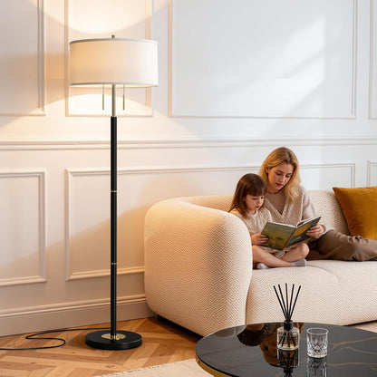 2-Light Mid Century Modern Floor Lamp, Standing Lamp with Fabric Shade and Pull Chain Switch, Tall Floor Lamp for Living Room, Bedroom,Office Corner (Black, 2X 3CCT Bulb Included)8