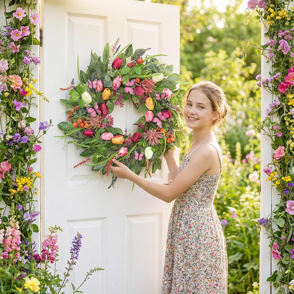 Wreaths for Front Door 24 Inch Artificial Spring Wreath with Tulip,Roses,Eucalyptus Leaf, Berry, Butterflies,Summer Wreath for Home Wall Porch Window Easter Year-Round Indoor/Outdoor Decor6