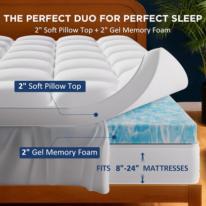 Queen Size Dual Layer 4 Inch Memory Foam Mattress Topper | 2 in Cooling Gel Memory Foam and 2 in Washable Soft Pillow Top Mattress Pad Cover, 8-24 in Deep Pocket, Medium Firm Support3
