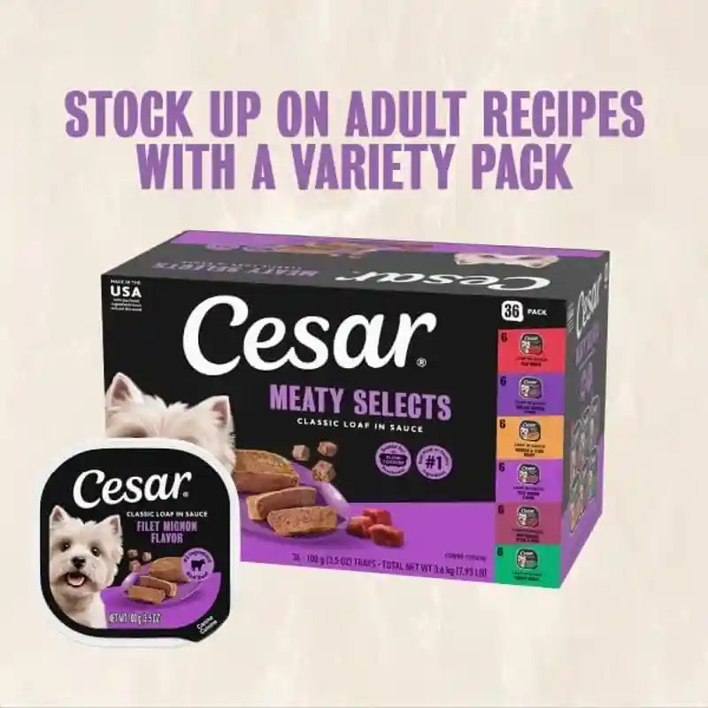 cesar-wet-dog-food-classic-loaf-in-sauce-grilled-chicken-filet-mignon-porterhouse-steak-beef-chicken-liver-and-turkey-variety-pack-3-5-oz-easy-peel-trays-36-count-pack-of-1-made-in-usa-real-meat-1-ingredient-no-fillers-or-artificial-flavors-formulated-without-grains-easy-peel-trays