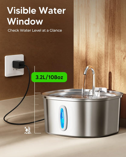 PEKTACO Cat Water Fountain, 3.2L/108Oz Stainless Steel Pet Water Fountain | Cat Drinking Fountain, Dishwasher Safe, with Triple Filtration, Quiet Pump, and Visible Water Window for Cats and Small Pets3