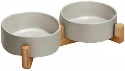 SPUNKYJUNKY Ceramic Dog and Cat Bowl with Wood Stand Non-Slip Matte Glaze Weighted Food Water Set for Cats &Small Dogs 13.5OZ8