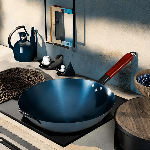 14" Blue Carbon Steel Wok Pan – Pre-Seasoned round Bottom Stir Fry Pan with Wooden Handle & Helper Handle – Chemical-Free Cookware for Gas, Electric & Induction4