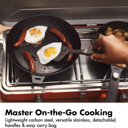 OXO Outdoor 8 Piece Camping Cookware Set, 10" Pre-Seasoned Carbon Steel Frying Pan Skillet, 2.25QT and 5QT Stainless Steel Saucepans with Lids, Removeable Handle, Trivet, Travel Bag, Space-Saving2