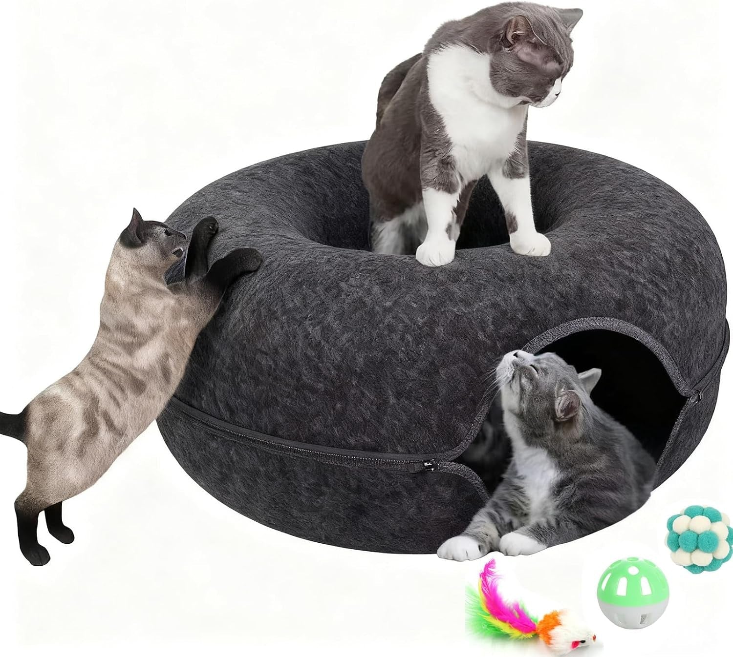 cat-donut-tunnel-bed-for-indoor-cats-peekaboo-cat-cave-detachable-felt-washable-interactive-play-cozy-rest-space-for-multiple-cats-dark-gray