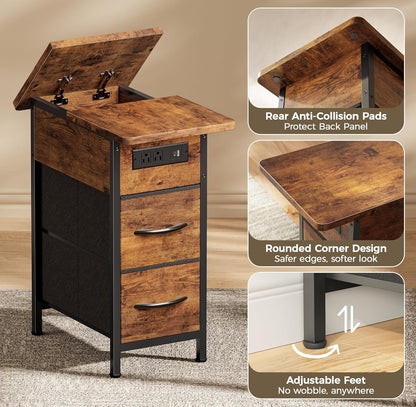 Narrow End Table with Charging Station, Side Table with 2 Drawers | Slim Night Stand with USB-C Port for Small Spaces, Flip Top Nightstand Bedside Couch Table, Living Room, Rustic Brown9