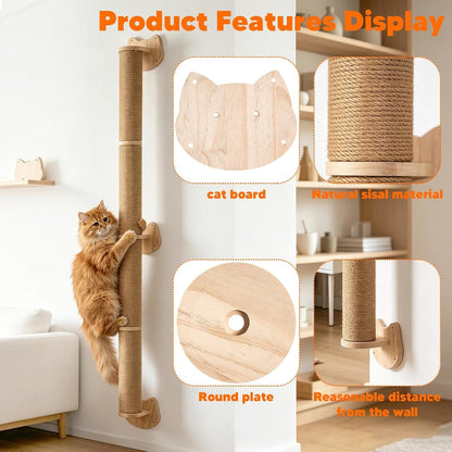 55" Cat Wall Scratcher, Wooden Wall-Mounted Natural Jute Scratching Post | Vertical Scratching Post for Large Cats, Climbing Shelves, Space Saving Cat Tower Alternative for Indoor Cats & Kittens4