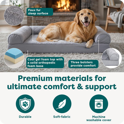 Furhaven Orthopedic Dog Bed for Large Dogs, Sofa-Style with Cool Gel-Top Foam with a Solid Orthopedic Foam Base for Joint Support, Removable Washable Cover, Jumbo XL, Plush & Suede, Gray5