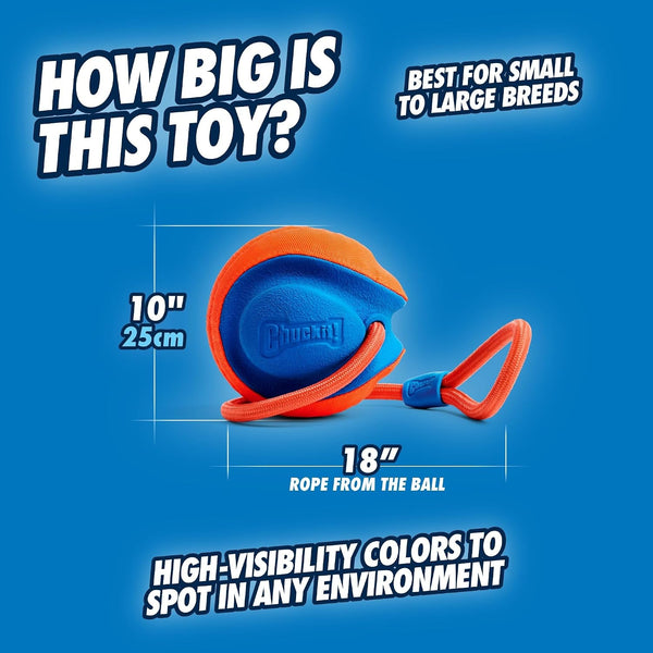Chuckit! Rope Fetch Dog Toy - Ball on Rope Fetch and Tug-Of-War Toy for Dogs - Durable EVA Rubber Construction - 5.5-Inch Diameter - 18-Inch Rοpe - Orange and Blue4