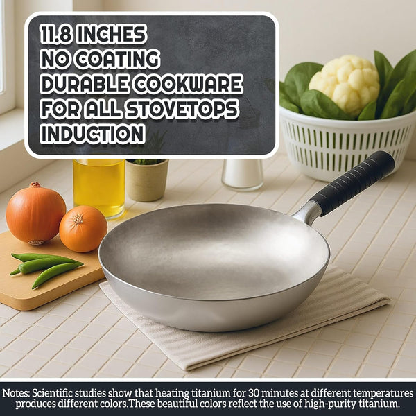 Pure Titanium Wok with Lid, Ultra Lightweight 2.5 Lbs Titanium Wok Single-Piece Molded No Coating Rivetless Handcrafted Frying Pan Durable Cookware for Gas Stove Home & Outdoor Camping6