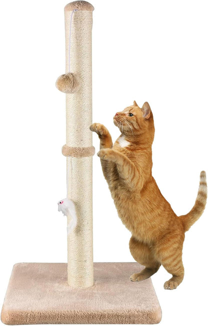 Meowhomm 32” Tall Cat Scratching Posts for Indoor Cats Adults with 2 Hanging Ball, Large Cat Scratch Post Cat Scratcher Includes Sisal Rope(Yellow)1