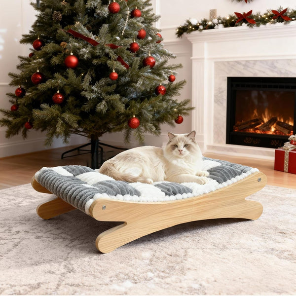 Plush Elevated Cat Bed - Cozy Raised Cat Hammock with Solid Wood Frame, Soft Furry Cushion for Indoor Cats & Small Dogs, Multi-Color Options(Black White)7