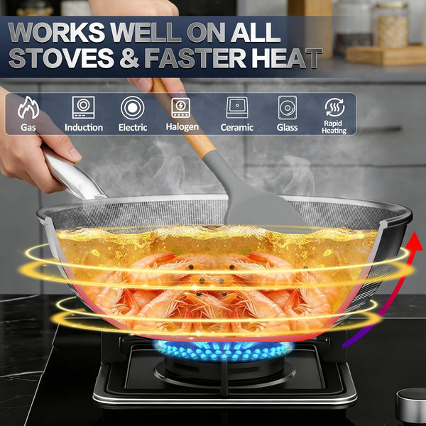 Woks & Stir-Fry Pans Nonstick - Hybrid 304 Stainless Steel Wok 10.8" Non Stick Wok Pan with Lid for Induction, Electric, Gas, All Stoves, PFOA Free Cookware, Dishwasher and Oven Safe8
