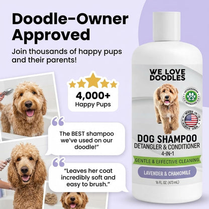 Dog Shampoo, Conditioner & Detangler, Hypoallergenic Tearless Lavender 16OZ | for Sensitive Itchy Skin, Best Shampoo for Smelly Dogs, Goldendoodle, Poodle & Doodle, Puppy Pet Wash Soap, USA Made, 4-In-16