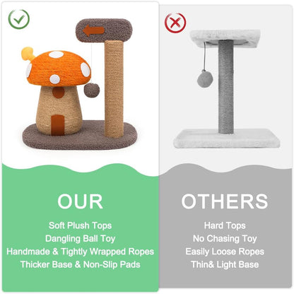 Mushroom Cat Scratcher Post with Sisal Rope for Indoor Cats | Natural Sisal Rope Tower Satisfies Claw Instincts.Compact for Small Cats.Durable&Stable5