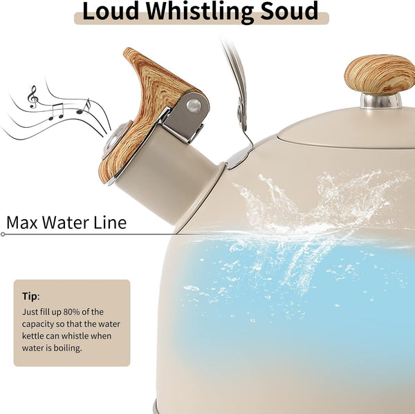 Tea Kettle for Stove Top | 2.5 Quart Whistling Tea Kettle, with Food Grade Stainless Steel and Wood Pattern Folding Handle, Creamy White2