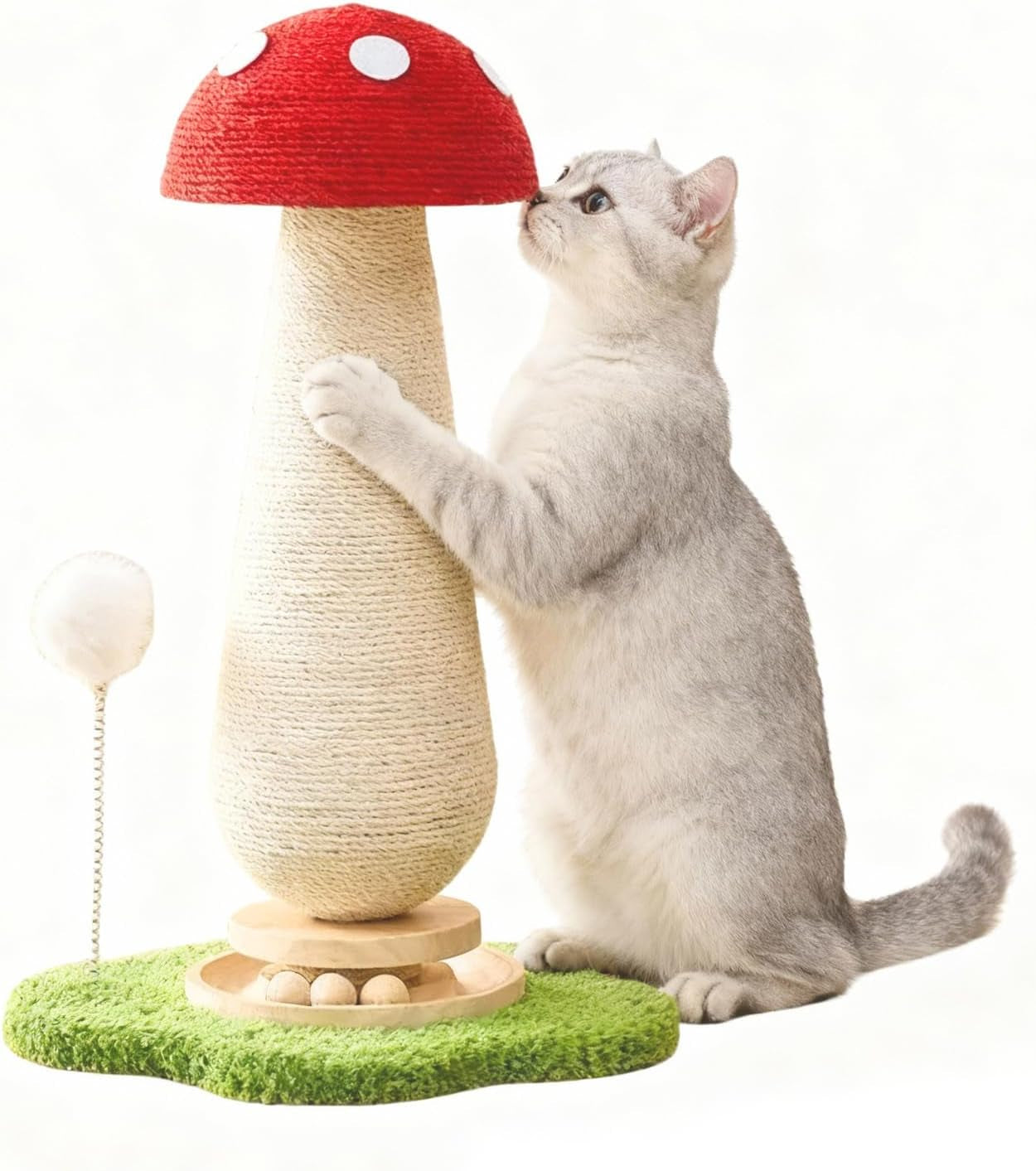 mushroom-cat-scratcher-tower-interactive-ball-track-spring-ball-cat-scratching-post-sisal-kitty-activity-center-for-indoor-cats-kittens-sturdy-wide-base-25-2-inch-red