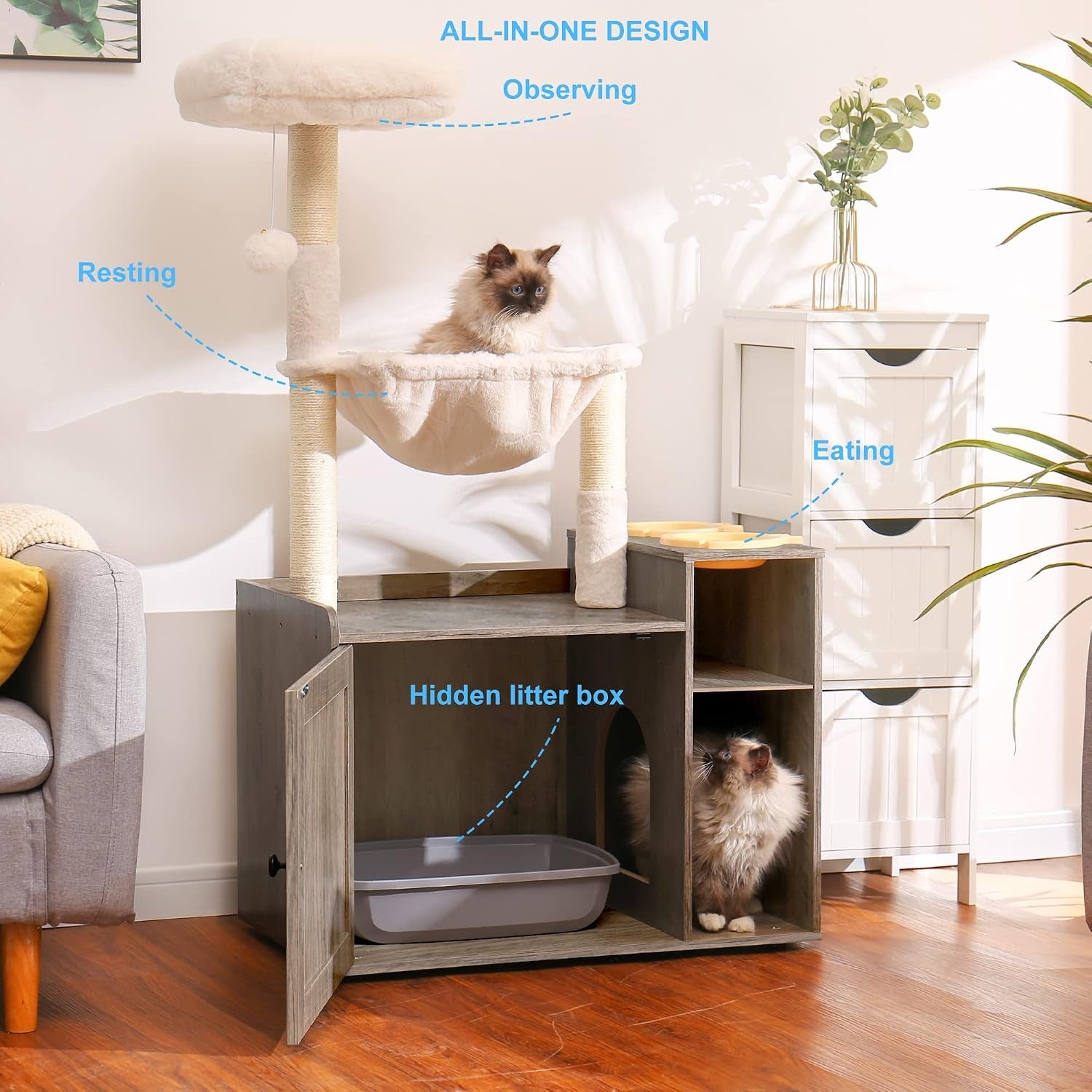 hey-brother-cat-tree-tower-food-station-xl-litter-box-enclosure-mpj101sg-48-81-inches-wooden-all-in-one-cat-furniture-large-hammock-bed-scratching-posts-big-basket-for-indoor-cats-rustic-gray