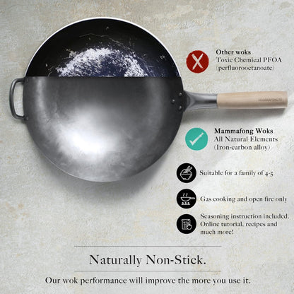Round Bottom 14-Inch Traditional Carbon Steel Wok Pan - Authentic Hand Hammered Woks and Stir Fry Pans - Pow Wok with No Chemical Coating5