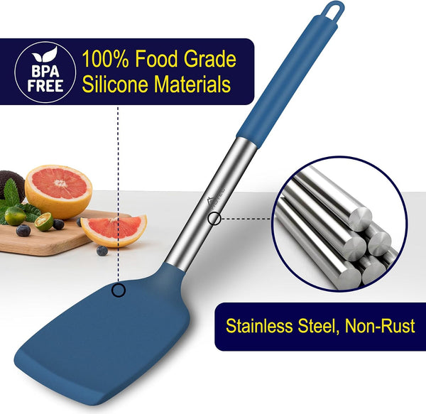 Silicone Spatula Set of 2 Heat-Resistant 600°F & Bpa-Free Kitchen Saptulaturner with Stainless Steel Handles, Slotted & Solid Spatulas for Nonstick Cookware, 13.7 Inch, Classic Blue3