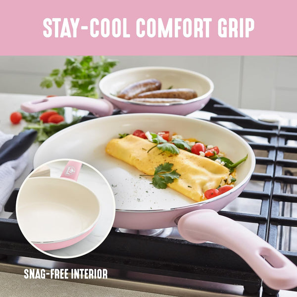 8 Piece Nonstick Cookware Set, Non-Toxic Pfas-Free Ceramic Pots & Pans, Dishwasher & Oven Safe, Frying, Sauce, Stock Pot, Glass Lids, Stay-Cool Handles, Wobble Free, Light Pink5