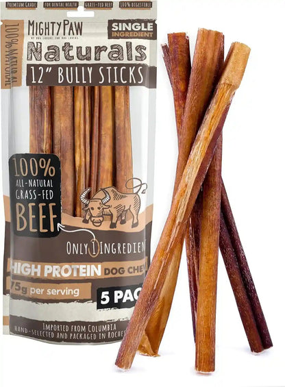 Mighty Paw 12" Bully Sticks for Dogs - Large, Medium and Small Breeds Chew | Single Ingredient, Grass-Fed, Lower Odor, 5 Pack, High Protein, Boredom Buster, All-Natural Sticks1