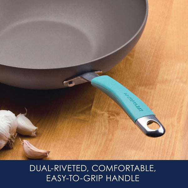 Cucina Hard-Anodized Nonstick Covered Stir Fry Pan, 11-Inch, Gray, Agave Blue Handles5