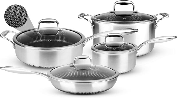 8-Piece Triply Cookware Set Stainless Steel - Triply Kitchenware Pots & Pans Set Kitchen Cookware, Non-Stick Coating - Sauce Pot, Stew Pot, Cooking Pot, Frying Pan, Lids - NC3PLY8Z1