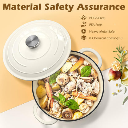 Enameled Cast Iron Dutch Oven -  5QT Pot with Lid & Cotton Potholders - Heavy-Duty Cookware for Bread Baking, Braising, Stews, Roasting(Cream White)6