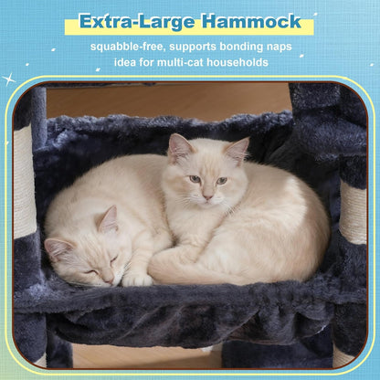 Hey-Brother Cat Tree Tower with 3 Condos, Step Climbing Pathway MPJ081G | 74.8 Inches Scratching Post with 3 House, Hammock, Large Basket, Cozy Bed, Sisal Board, Toys for Big Indoor Cats, Smoky Gray6