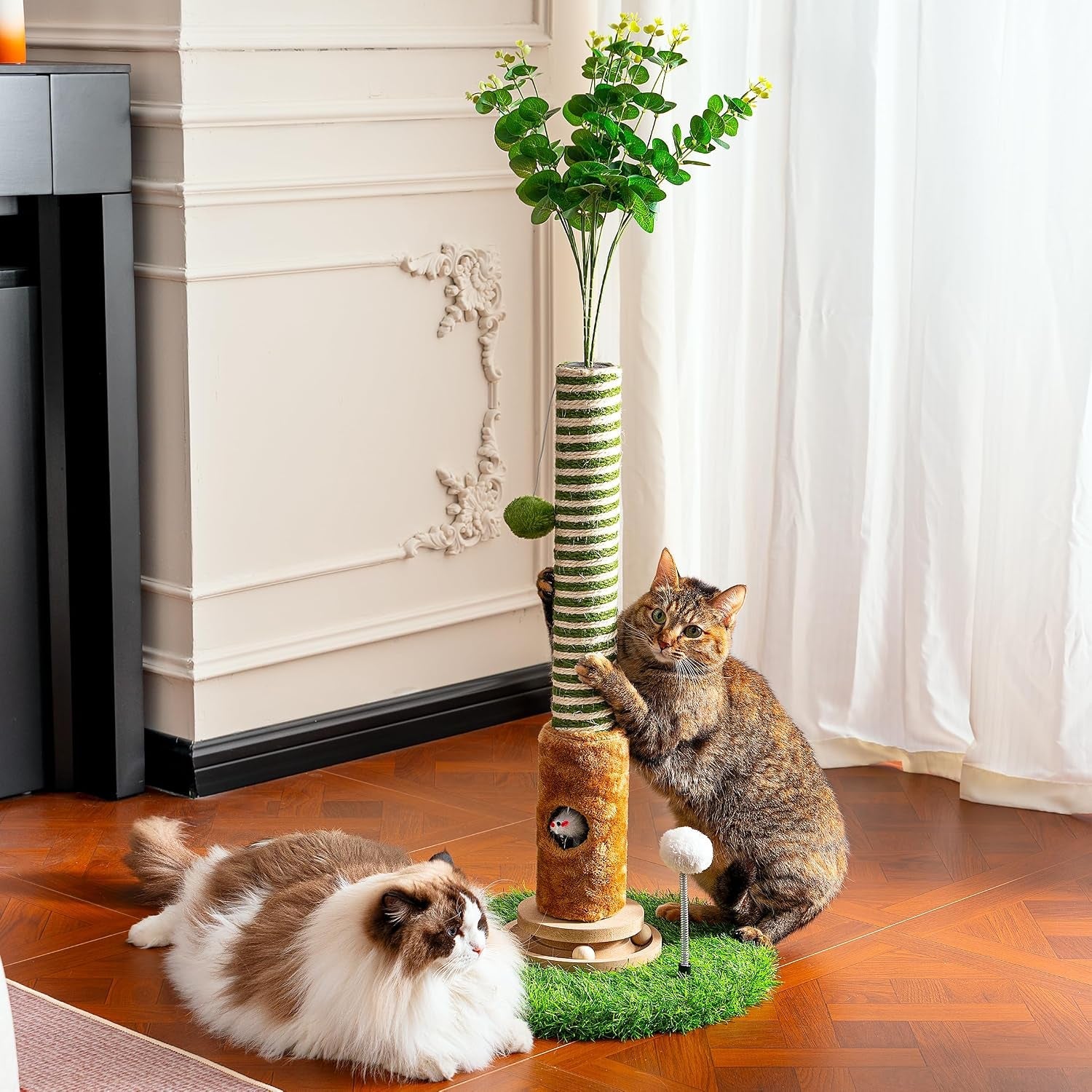 cat-scratching-post-39-tall-with-interactive-ball-mouse-hole-for-indoor-adult-cats-sisal-rope-cat-tree-tower-kitty-scratcher-furniture-with-artificial-grass-tree-for-kittens-cat-toys