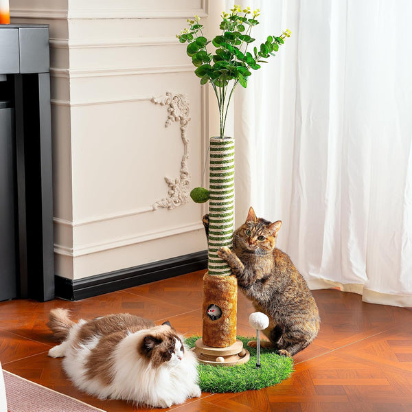 Cat Scratching Post 39'' Tall with Interactive Ball & Mouse Hole | for Indoor Adult Cats, Sisal Rope Cat Tree Tower. Kitty Scratcher Furniture with Artificial Grass Tree for Kittens Cat Toys1