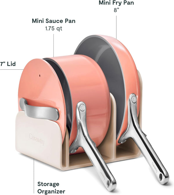 Caraway Non-Stick Ceramic Mini Cookware Set | Ceramic Fry Pan (1.05 Qt, 8") Sauce Pan (1.75 Qt) and Storage Rack, Non Toxic, PTFE & PFOA Free, Perracotta3