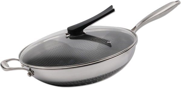 14" Honeycomb Non Stick Wok Pan Stainless Steel Stir-Fry Wok with Lid,Skillet with Stay-Cool Handle PFOA Free Suitable for Induction, Ceramic, Electric, and Gas Cooktops (Sliver, 14 Inches)2