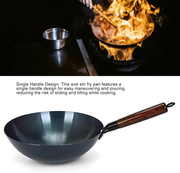 Iron Wok Stir Fry Pan, Chinese Traditional round Bottom Uncoated Nonstick Wok Wooden Single Handleiron Pot for Home and Restaurant(34Cm)4