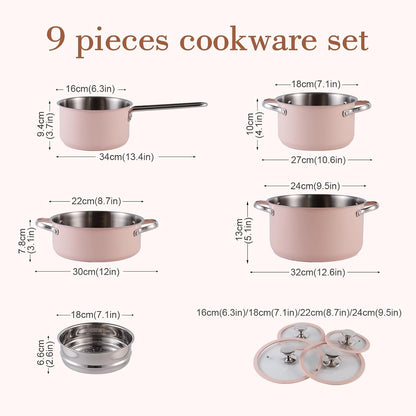 9Pcs Stainless Steel Cookware Set for Family Kitchen, 304 Grade, Ceramic Coated Exterior, Induction Compatible Pots and Pans with Glass Lids, Non-Toxic & Easy to Clean,Pink2