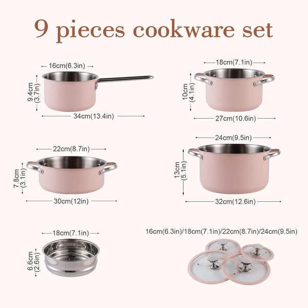 9Pcs Stainless Steel Cookware Set for Family Kitchen, 304 Grade, Ceramic Coated Exterior, Induction Compatible Pots and Pans with Glass Lids, Non-Toxic & Easy to Clean,Pink2