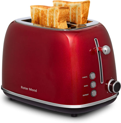 2 Slice Toaster Retro Stainless Steel with Bagel, Cancel, and Defrost Functions, 6 Bread Shade Settings, Extra Wide Slots and Removable Crumb Tray, Red1