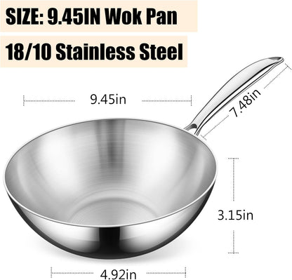 5 Ply Clad Stainless Steel Wok Pan with Lid/Steamer, No Coating Non-Stick Flat Bottom Wok, Even Heating Frying Pans, Compatible with All Cooktops,No Lid,9.45In2
