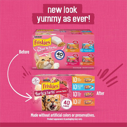 Purina Friskies Prime Filets Cat Food Variety Pack, 40 Pack 5.5 Oz Cans | Surfin' and Turfin' Wet Cat Food Favorites in a Savory Gravy, Made with Real Meat, Poultry and Seafood2