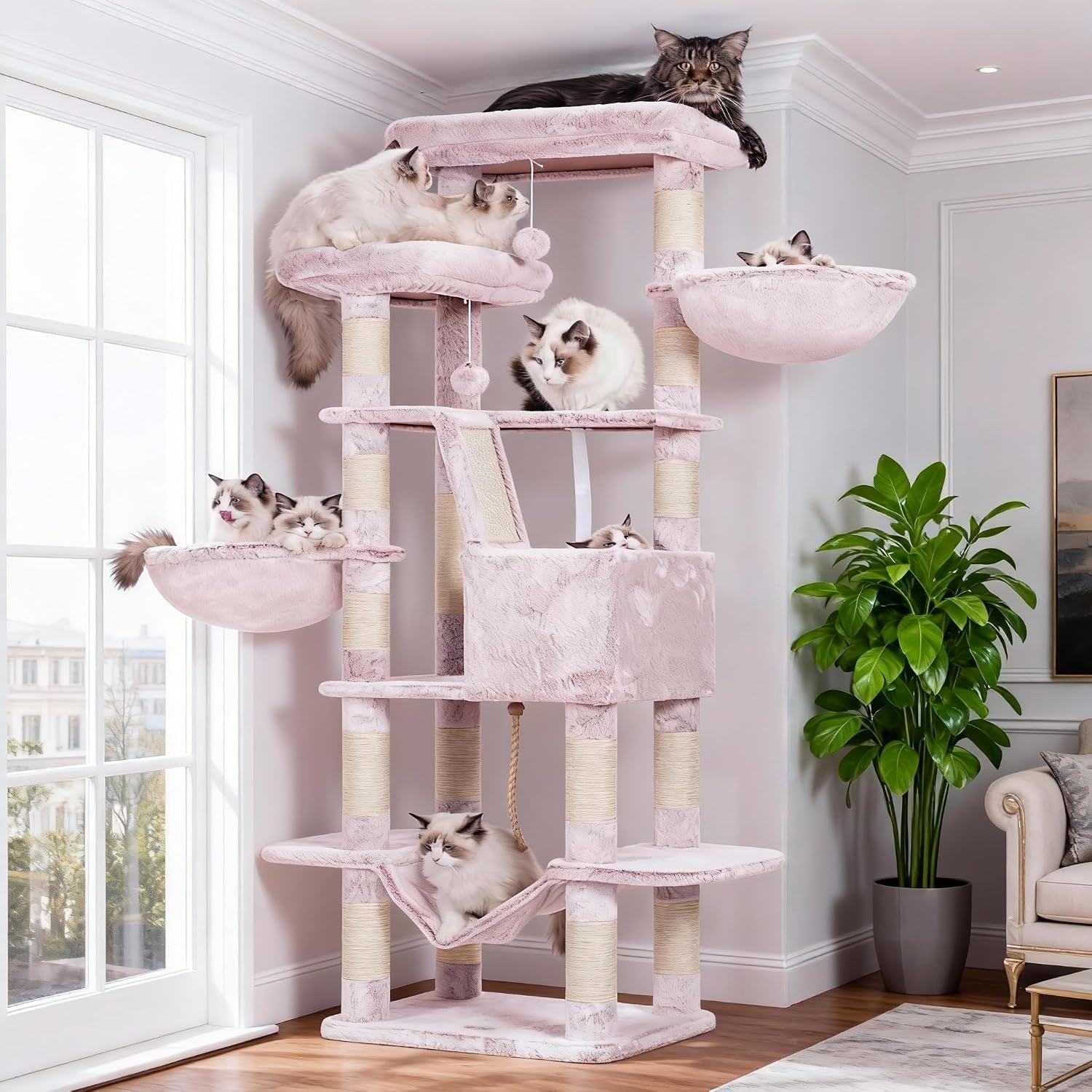 heybly-cat-tree-71-inch-tall-tower-for-indoor-cats-with-2-perches-hct034w-large-cat-furniture-with-2-big-condos-2-hammocks-basket-scratching-pad-multi-level-cat-condo-light-gray