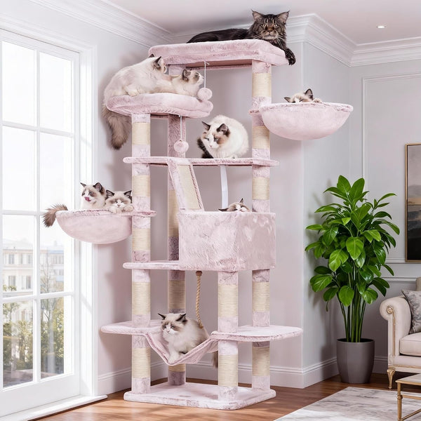 Heybly Cat Tree, 71-Inch-Tall Tower for Indoor Cats with 2 Perches HCT034W | Large Cat Furniture with 2 Big Condos, 2 Hammocks, Basket, Scratching Pad, Multi-Level Cat Condo, Light Gray19