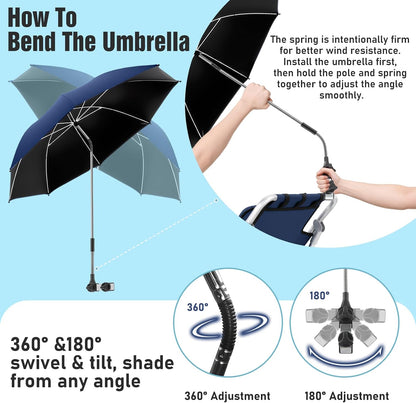 2 PACK Beach Umbrella with Clamp, 360 ° Adjustable Umbrellas for Chair, UPF50+ Umbrella for Beach Chair, Patio Chair, Wheelchair, Camping Chair, Golf Carts (Chair Not Included)4