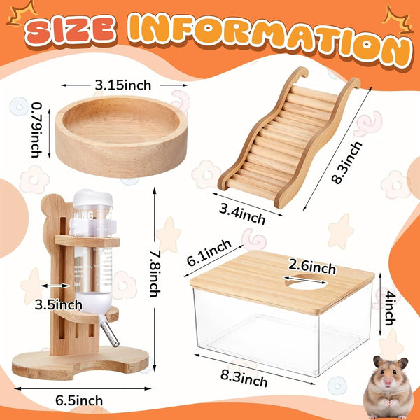 4 Pcs Hamster Cage Accessories Water Bottle Set,Rectangle | Hamster Sand Bath Box Feeding Bowl Climbing Toy Wooden Ladder Bridge Set for Rat Mice Small Animals Habitat Decor Enrichment3