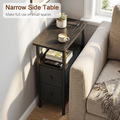 Narrow End Table with Charging Station, Small Nightstand | Skinny Side Tables Living Room with 2 Fabric Drawers, Slim Bedside Table for Bedroom, Small Spaces, Couch, Black4