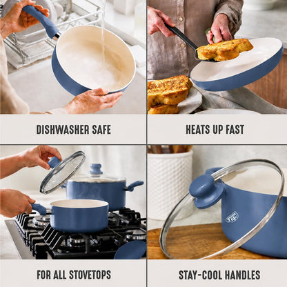 5QT Ceramic Nonstick Stockpot with Lid, Slate Blue | Pfas-Free Nonstick Coating, Casserole Pot, Soup Pot, Pasta Pot, Induction Ready, All Stovetop Compatible, Dishwasher Safe4